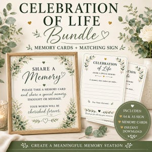 Celebration of Life Bundle Printable | Share a Memory Sign & Cards | Funeral Memory Table | Memorial Keepsake | Instant Download