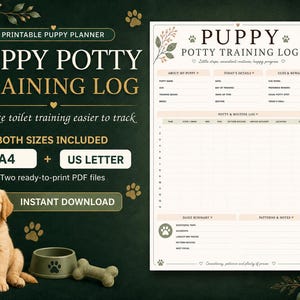 May include: A printable puppy potty training log document featuring sections for puppy details, daily schedules, and tracking logs. The design includes paw print icons, floral accents, and text reading Puppy Potty Training Log.