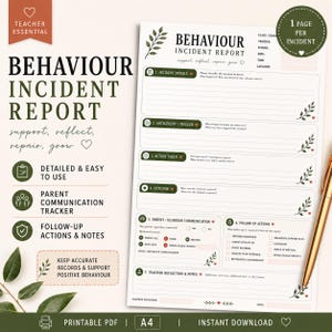 May include: A printable Behaviour Incident Report form on A4 paper featuring sections for incident details, triggers, actions taken, outcomes, parent communication, follow-up actions, and teacher reflections, decorated with small green leaf motifs.