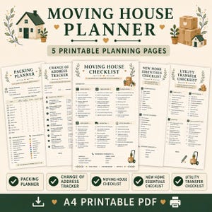 Może przedstawiać: Zestaw pięciu stron planowania do druku w formacie A4 PDF pod tytułem Moving House Planner. Strony zawierają planer pakowania, tracker zmiany adresu, listę kontrolną przeprowadzki oraz listy kontrolne niezbędnych rzeczy w nowym domu.