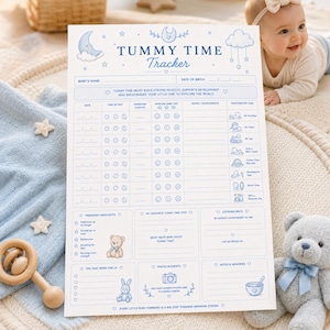May include: A white paper tummy time tracker with blue text and illustrations of a moon, clouds, a teddy bear, and a rabbit. The chart includes sections for baby's name, date of birth, daily duration, notes, progress highlights, and photo moments.