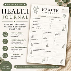 Op de afbeelding: Een printbaar gezondheidsdagboek in PDF-formaat met een overzichtelijke indeling, inclusief secties voor dagelijkse registratie, voeding, beweging en zelfzorg. Het document bevat botanische lijntekeningen, selectievakjes en ruimte voor notities.