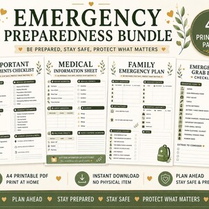 May include: An emergency preparedness bundle featuring four printable pages with checklists and information sheets. The documents include an important documents checklist, medical information sheet, family emergency plan, and emergency grab bag checklist.
