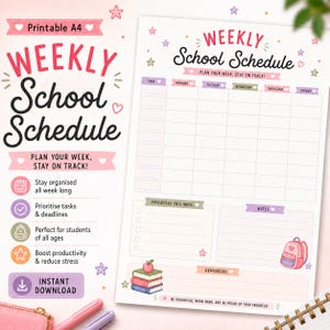 May include: A printable A4 weekly school schedule planner featuring the text Weekly School Schedule, Plan Your Week, Stay On Track, Priorities This Week, Notes, and Reminders. The layout includes a grid for Monday through Friday, a stack of books, and a pink backpack illustration with colorful star and heart accents.