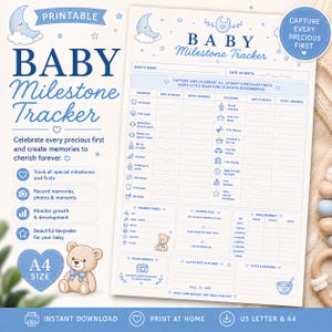 Può includere: Un documento stampabile per il monitoraggio delle tappe fondamentali del bambino in blu e bianco. La pagina include sezioni per il nome del bambino, data di nascita, tappe, cose preferite, misure e note. Include illustrazioni di luna, stelle e un orsetto.