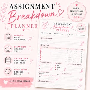 Op de afbeelding: Een lichtroze plannerblad voor opdrachten met secties voor taakdetails, deadlines, prioriteitsniveaus en een voortgangstracker. Het document bevat tekst zoals Assignment Breakdown Planner, Plan It Break It Down Get It Done en A4 size.