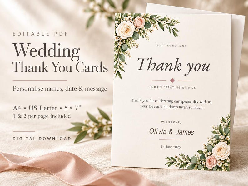 Thanks Card Layout Editable Wedding Thank You Card Template, Floral 5x7 Printable PDF ...
