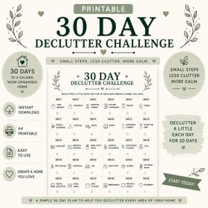 Könnte beinhalten: Ein druckbarer 30-Tage-Aufräum-Challenge-Plan mit einem Rasterlayout, das tägliche Aufgaben, Symbole und Kontrollkästchen enthält. Das Design umfasst dunkelgrünen Text auf hellem Hintergrund mit Blattmotiven und dem Satz Small steps. Less clutter. More calm.