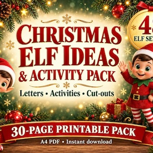 以下が含まれることがあります： 48種類のクリスマスエルフのセットアップアイデアを収録した30ページの印刷可能なアクティビティパック。2体のエルフのキャラクター、赤と緑のクリスマス装飾、および「Christmas Elf Ideas & Activity Pack」「Letters, Activities, Cut-outs」「30-Page Printable Pack」「A4 PDF」というテキストがデザインされています。即時ダウンロード可能です。