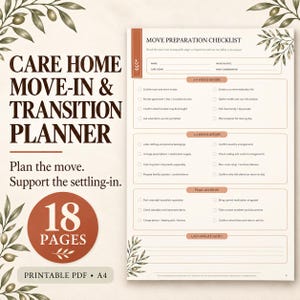Puede incluir: Un planificador imprimible de 18 páginas para mudanzas y transiciones a residencias de ancianos en formato PDF. El documento incluye una lista de verificación de preparación con secciones para 3-4 semanas antes, 1-2 semanas antes, 48 horas finales y notas.