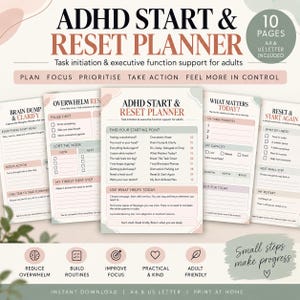 Könnte beinhalten: Ein ADHD Start & Reset Planer mit 10 Seiten in A4 und US Letter Formaten. Der Planer enthält Abschnitte zur Aufgabeninitiierung und Unterstützung der exekutiven Funktionen, inklusive Seiten für Brain-Dumps und Priorisierung, in sanften Pastelltönen.