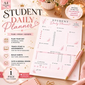 May include: A printable A4 student daily planner sheet featuring sections for schedule, to-do list, study assignments, water intake, and mood tracking. The design uses pink accents, floral illustrations, and text including Student Daily Planner.