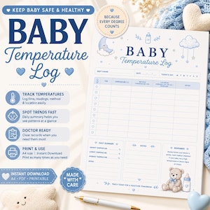 Op de afbeelding: Een wit papieren baby-temperatuurlogboek met blauwe tekst en illustraties van een maan, wolk en teddybeer. Het formulier bevat velden voor de naam van de baby, datum, tijd, temperatuur, methode, locatie en notities, inclusief een dagoverzicht.