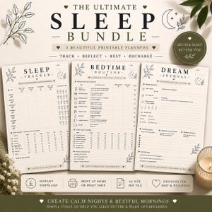 Slaapplannerpakket (printbaar A4-formaat), slaaptracker, bedtijdroutine en droomdagboek, planner voor een betere nachtrust (PDF), direct te downloaden.