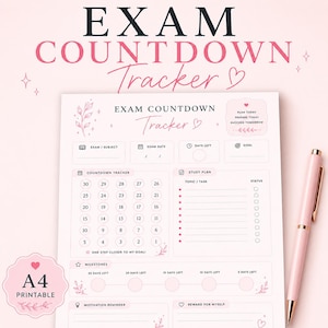 May include: A light pink A4 printable exam countdown tracker sheet with black text and floral accents. The layout includes sections for exam subjects, dates, a 30-day countdown, a study plan, milestones, and motivation. A light pink pen sits beside it.