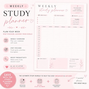 May include: A pink and white weekly study planner with the text "WEEKLY STUDY planner" at the top. The planner includes sections for weekly goals, focus, and a daily schedule. It also includes a revision tracker, assignment tracker, and weekly study planner.