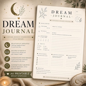 May include: A cream-colored dream journal page featuring black text and botanical illustrations. The layout includes sections for dream overview, time, mood, dream type, elements, emotions, sensations, possible meaning, and reflection, with the title DREAM JOURNAL at the top.