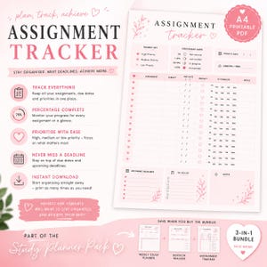 以下が含まれることがあります： 「ASSIGNMENT TRACKER」のタイトルが付いた、ピンクと白の課題トラッカーの印刷可能なPDF。課題、期日、優先順位、進捗状況のセクションが含まれています。「Study Planner Pack」バンドルも特徴です。