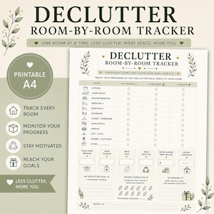 May include: A printable A4 declutter room-by-room tracker sheet featuring a table to monitor progress across various home spaces. The document includes sections for tracking items removed, donated, sold, recycled, money earned, and personal goals.