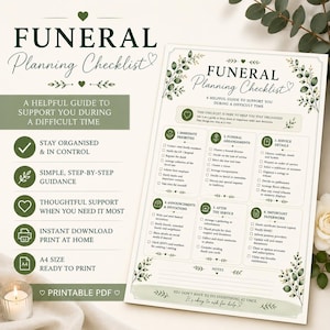 Könnte beinhalten: Eine druckbare Checkliste für die Bestattungsplanung mit dunkelgrünem Text und botanischen Blattmotiven. Die Seite enthält sechs Abschnitte zur Aufgabenorganisation, darunter unmittelbare Prioritäten, Bestattungsarrangements und Unterlagen.