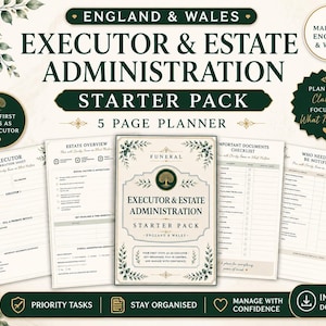 Può includere: Un pacchetto iniziale di cinque pagine per l'amministrazione di successioni in Inghilterra e Galles. I documenti presentano uno sfondo color crema con testo verde scuro, accenti floreali e intestazioni come Executor Information, Estate Overview e Funeral.