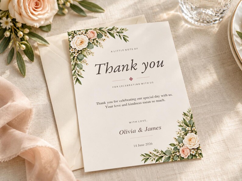 Thanks Card Layout Editable Wedding Thank You Card Template, Floral 5x7 Printable PDF ...