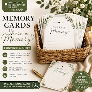May include: A stack of white rectangular memory cards in a woven wicker basket, with one card placed in front. Each card features green botanical illustrations, a small heart icon, and the text Share a Memory above several blank lines.