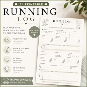 May include: A printable A4 running log template featuring sections for tracking daily runs, performance metrics, effort, weather, and weekly summaries. The document includes fields for date, run type, duration, heart rate, and goals, decorated with small leaf illustrations.