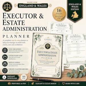 Puede incluir: Un planificador de albacea y administración de patrimonio para Inglaterra y Gales, que incluye un PDF imprimible de 16 páginas. La portada muestra un emblema de árbol, bordes florales y campos de texto para detalles en formato A4.