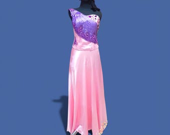 Pink One Shoulder Satin Maxi Dress | Fairycore Formal Gown with Purple Beaded Embroidery | Elegant Prom & Party Dress