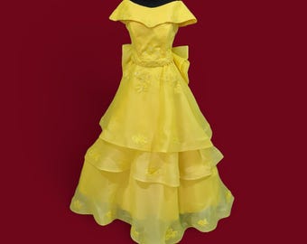 Yellow Princess Ball Gown Dress | Handmade Off Shoulder Layered Organza Dress | Elegant Fairy Tale Party Dress