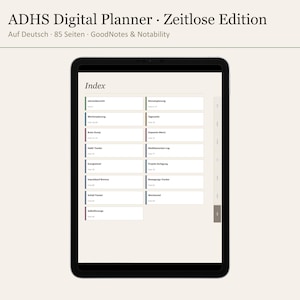 Könnte beinhalten: Ein schwarzes Tablet zeigt eine digitale Planer-Oberfläche mit dem Titel "ADHS Digital Planner - Zeitlose Edition." Der Bildschirm zeigt ein Inhaltsverzeichnis mit Abschnitten wie "Jahresübersicht" und "Monatsplanung." Der Planer ist für GoodNotes & Notability.