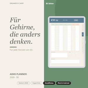Puede incluir: Un planificador digital para 2026 mostrado en una pantalla de tableta, con un diseño semanal con columnas para los días, una sección de notas y cinco rastreadores circulares. El texto dice "Für Gehirne, die anders denken" y "ADHS PLANNER 2026".