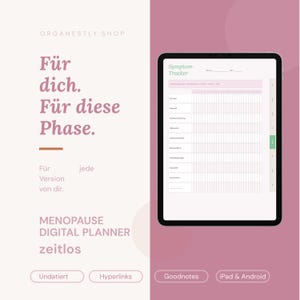 Könnte beinhalten: Ein digitales Tablet zeigt eine Symptom-Tracker-Seite mit Rasterlayout, rosa Akzenten und deutschem Text. Der Bildschirm enthält eine Tabelle zur Erfassung von Gesundheitsdaten sowie seitliche Navigationstabs. Text: 'Symptom-Tracker' und 'MENOPAUSE DIGITAL PLANNER'.