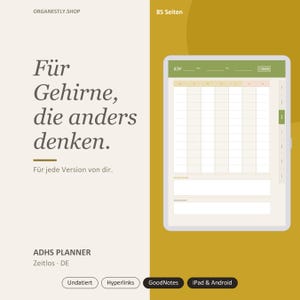 Könnte beinhalten: Ein digitaler Planer auf einem Tablet-Bildschirm mit einem wöchentlichen Raster in Grün- und Beigetönen. Der Text lautet: Für Gehirne, die anders denken. Für jede Version von dir. ADHS PLANNER Zeitlos DE. 85 Seiten. Undatiert. Hyperlinks. GoodNotes. iPad & Android.