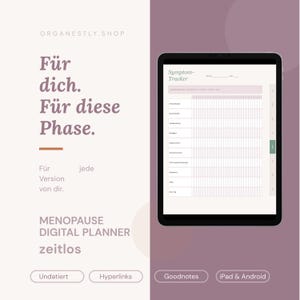 Könnte beinhalten: Ein digitales Tablet mit einem Symptom-Tracker-Planer in Rasteransicht. Auf dem Bildschirm steht der Text Symptom-Tracker. Links ist der Text Organestly.shop, Für dich. Für diese Phase., Für jede Version von dir., MENOPAUSE DIGITAL PLANNER zeitlos, Undatiert, Hyperlinks, Goodnotes, iPad & Android zu sehen.
