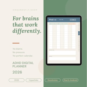 Könnte beinhalten: Ein digitales Tablet mit einer Wochenplaner-Oberfläche in Rasteransicht, beschriftet mit Week 01. Der Bildschirm zeigt Text, darunter For brains that work differently, No blame, No pressure, No perfect calendar, ADHD DIGITAL PLANNER 2026, 2026, Hyperlinks, Goodnotes und iPad & Android.