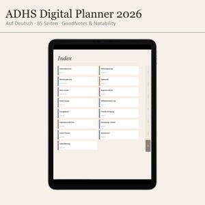 Könnte beinhalten: Ein schwarzes Tablet zeigt einen digitalen Planer-Index. Der Bildschirm zeigt Abschnitte wie "Wochenplanung" und "Brain Dump". Der Text "ADHS Digital Planner 2026" ist oben auf dem Bildschirm zu sehen.