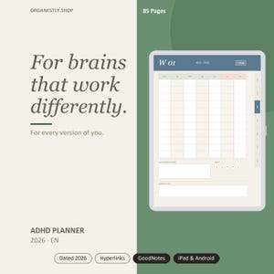 Può includere: Un'agenda digitale visualizzata sullo schermo di un tablet con un layout settimanale che include colonne per i giorni, una sezione per le note e un tracker delle abitudini. Il testo recita: For brains that work differently. ADHD PLANNER 2026 EN.