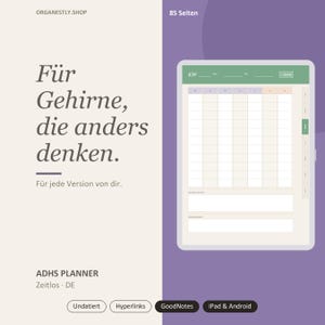 Könnte beinhalten: Ein digitaler Planer auf einem Tablet-Bildschirm mit einer wöchentlichen Rasteransicht, grünem Kopfbereich, cremefarbenen Spalten und zwei weißen Textfeldern unten. Der Text links lautet "Für Gehirne, die anders denken. Für jede Version von dir." und "ADHS PLANNER Zeitlos · DE".