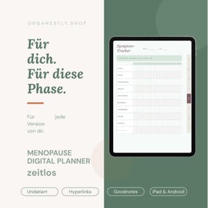 Könnte beinhalten: Ein digitales Tablet mit einer Symptom-Tracker-Planerseite in Rasterform, begleitet von dem Text ORGANESTLY.SHOP, Für dich. Für diese Phase., MENOPAUSE DIGITAL PLANNER zeitlos, Undatiert, Hyperlinks, Goodnotes sowie iPad & Android.