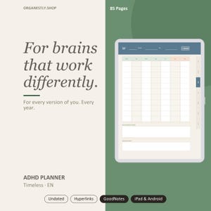 Könnte beinhalten: Ein digitaler ADHS-Planer auf einem Tablet-Bildschirm mit einem wöchentlichen Rasterlayout und Notizbereichen. Der Text lautet: For brains that work differently. For every version of you. Every year. 85 Pages. Undated. Hyperlinks. GoodNotes. iPad & Android.