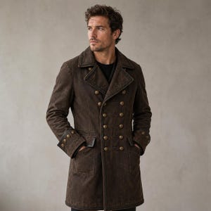 May include: A dark brown double-breasted coat featuring a wide lapel, long sleeves with buttoned cuffs, and two rows of metallic buttons down the front. The coat has two side pockets and a structured collar, crafted from a textured material.