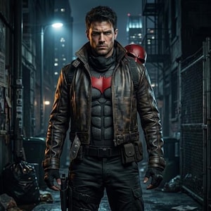 May include: A person wearing a brown distressed leather jacket over a black tactical suit with a red bat emblem on the chest. The outfit includes a black utility belt with pouches, black fingerless gloves, and a dark neck gaiter. A red helmet is visible.