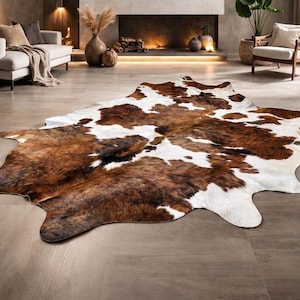 Peut inclure: Un grand tapis en peau de vache de forme irrégulière présentant un motif naturel de taches brunes, brun foncé et blanches. Le tapis possède une texture lisse et plate, suivant la silhouette organique et asymétrique d'une peau animale.