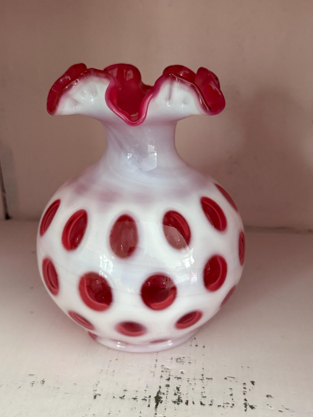 Fenton Vase Cranberry Opalescent Coin Dot Ruffled Glass - Etsy