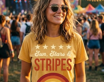 Sun Stars and Stripes Shirt | Retro Sunset 4th of July Tee | Vintage Summer Patriotic Shirt | Americana Sunset Tee | Independence Day Shirt