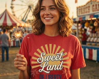 Sweet Land of Liberty Shirt | Retro 4th of July Women Te | Vintage Script Patriotic Shirt | Sunset Independence Day Top | Americana Gift Her