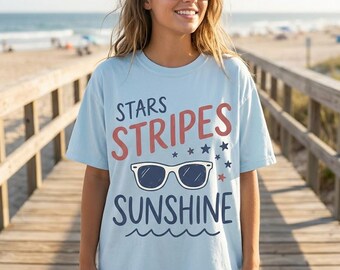 Stars Stripes Sunshine Shirt | Cute 4th of July Women Tee | Pastel Patriotic T-Shirt | Feminine Independence Day Shirt | Summer July 4th Top