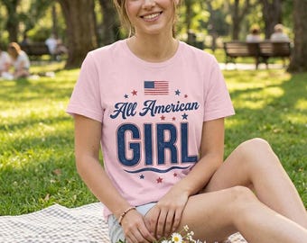 All American Girl Shirt | Cute Patriotic Women Tee | 4th of July Women Shirt | Feminine Independence Day Top | Retro Script Patriotic Tee